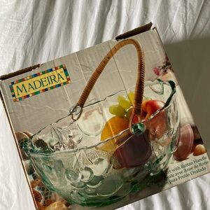 Green Glass Fruit Bowl with Rattan Handle
